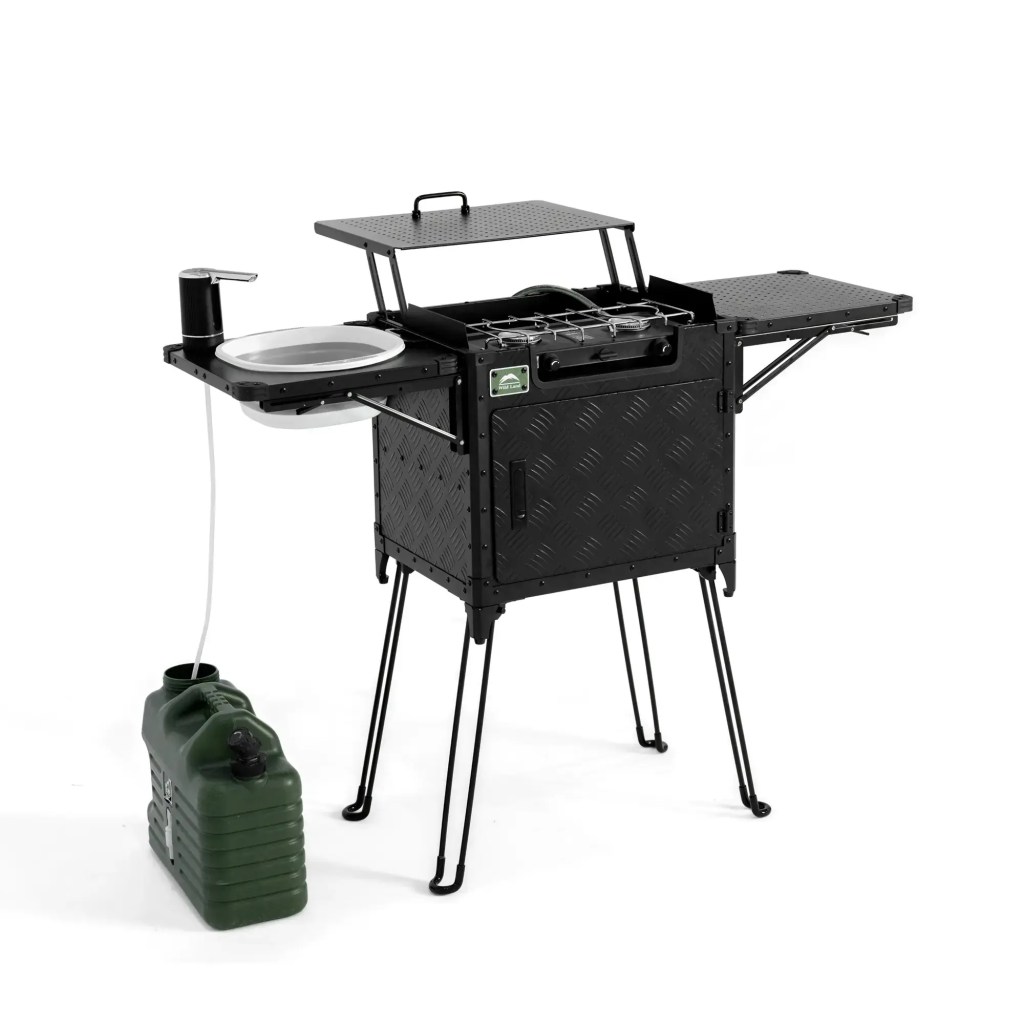 WildLand Camping Gear | Integrated Kitchen Box Pro V2 - Portable Camping Kitchen Box with Dual Table and Stove